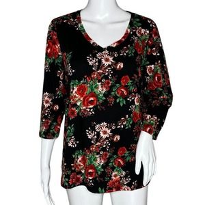 Pioneer Woman Shirt Womens Medium Black Red Floral Flower‎ Casual Bloomcore